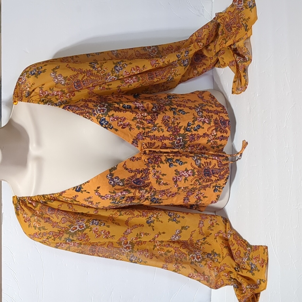 Urban outfitters orange floral long sleeve cropped blouse women Medium - Picture 2 of 11